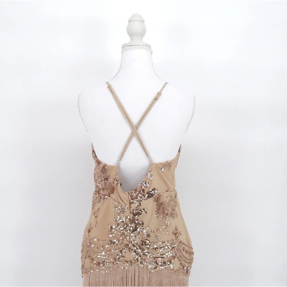 Sequin Fringe Flapper Romper‎ Deep V Gatsby Party Jumper Beige Size M - Picture 4 of 8